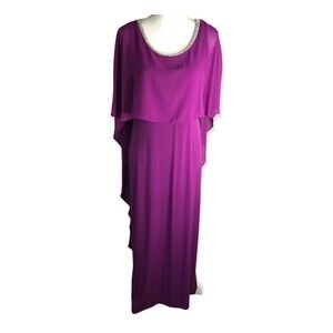 Glamour Nights Purple Sheer Overlay Cape Jewel Neck Formal Dress